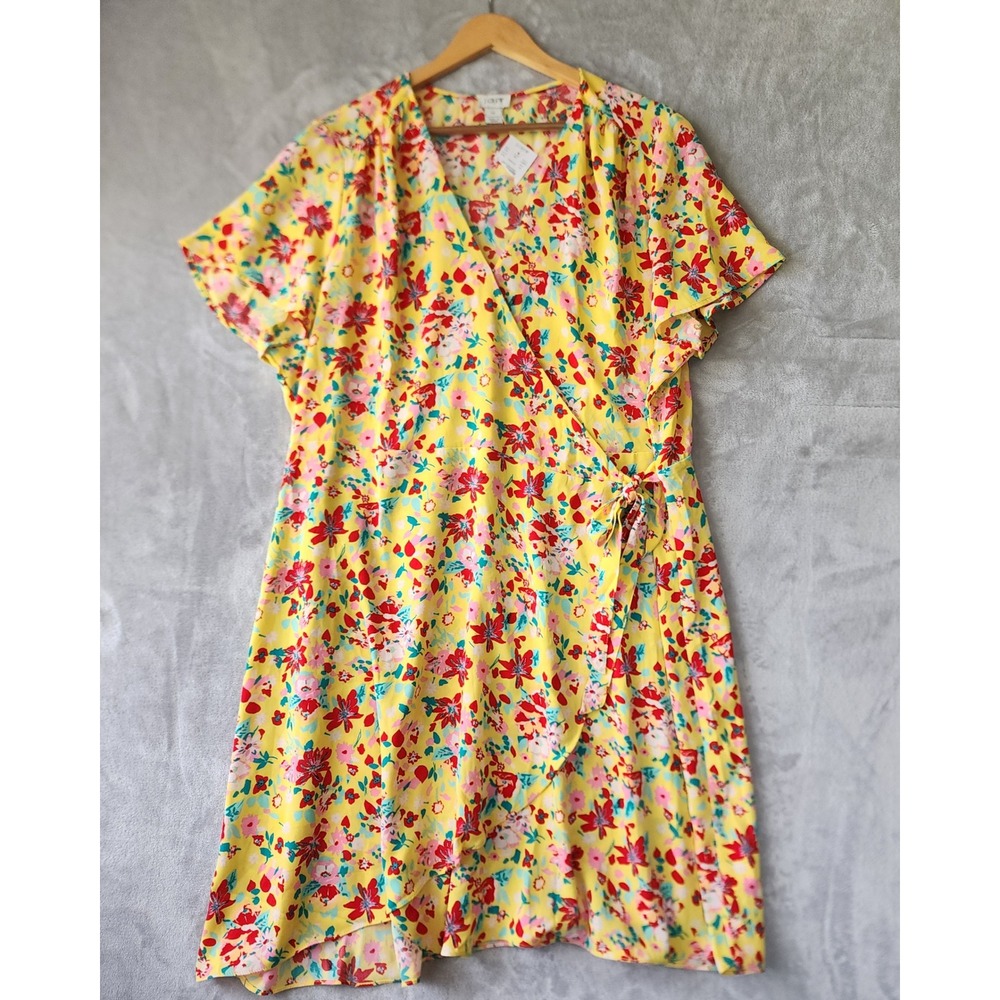 J.Crew Dress Womens Size 22 Yellow Red Floral Flutter Sleeve Tie Waist NWT